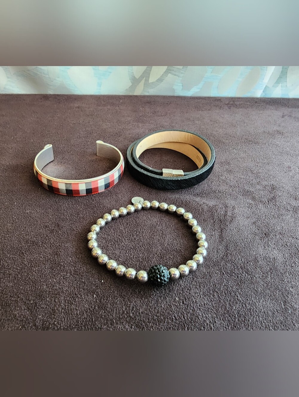 Rustic Cuff Bracelet Set of 3 Plaid Enamel Cuff Leather Wrap Beaded